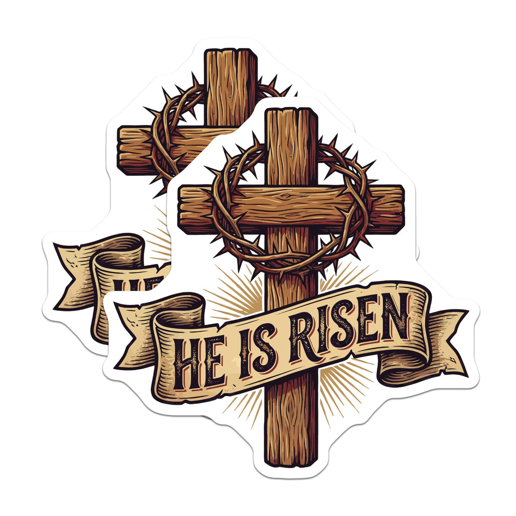 (2 Pack) He is Risen Stickers - Christian Easter Cross - Crown of Thorns Decor - 5" On Longest Side - Sticks to Smooth Flat Surfaces - Made in USA - BMCS21281