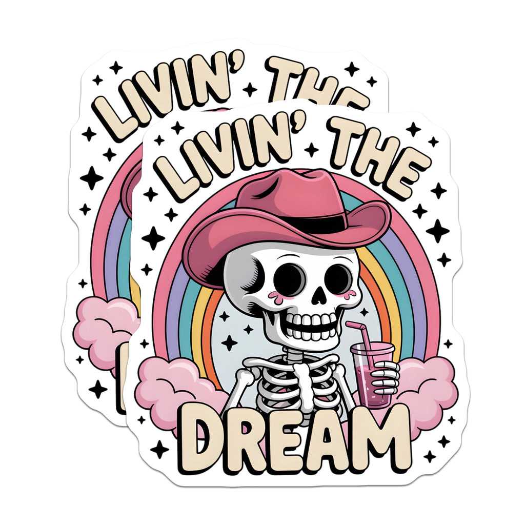 (2 Pack) Livin The Dream Skeleton Magnets - Cowboy Hat Rainbow Aesthetic - Western Goth Decor Accents - 5 Inches On Longest Side - Thick Durable Magnet - Made in USA - MAG21604