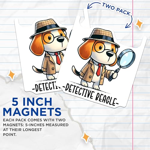 (2 Pack) Detective Beagle Magnets - Cartoon Beagle Inspector - Whimsical Detective Dog Magnets - 5" On Longest Side - for Cars, Fridges, Toolboxes - Made in USA - MAG3638