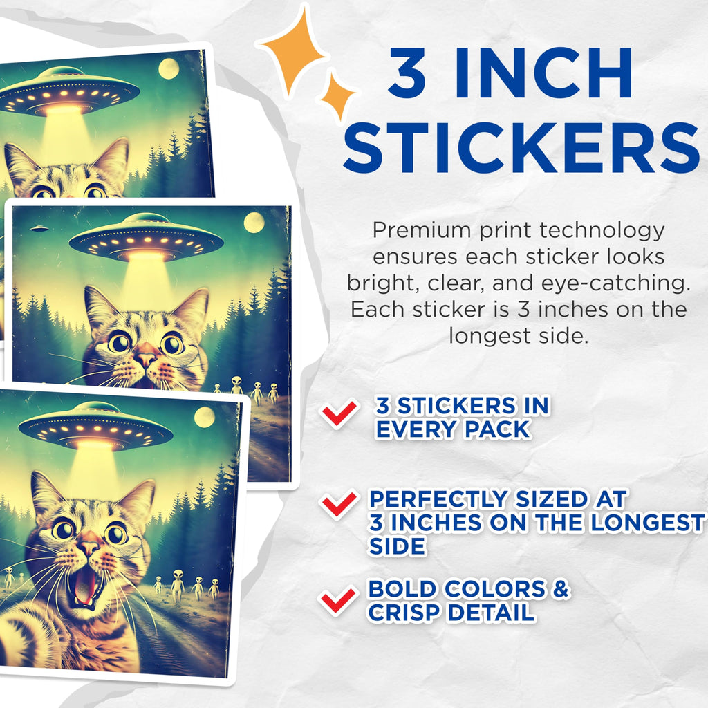 (3 Pack) Alien Abduction Cat Decals - Funny Kitty - UFO Believer - 3 Inches On Longest Side - Easy Peel & Apply - Made in USA - 3MCS2161