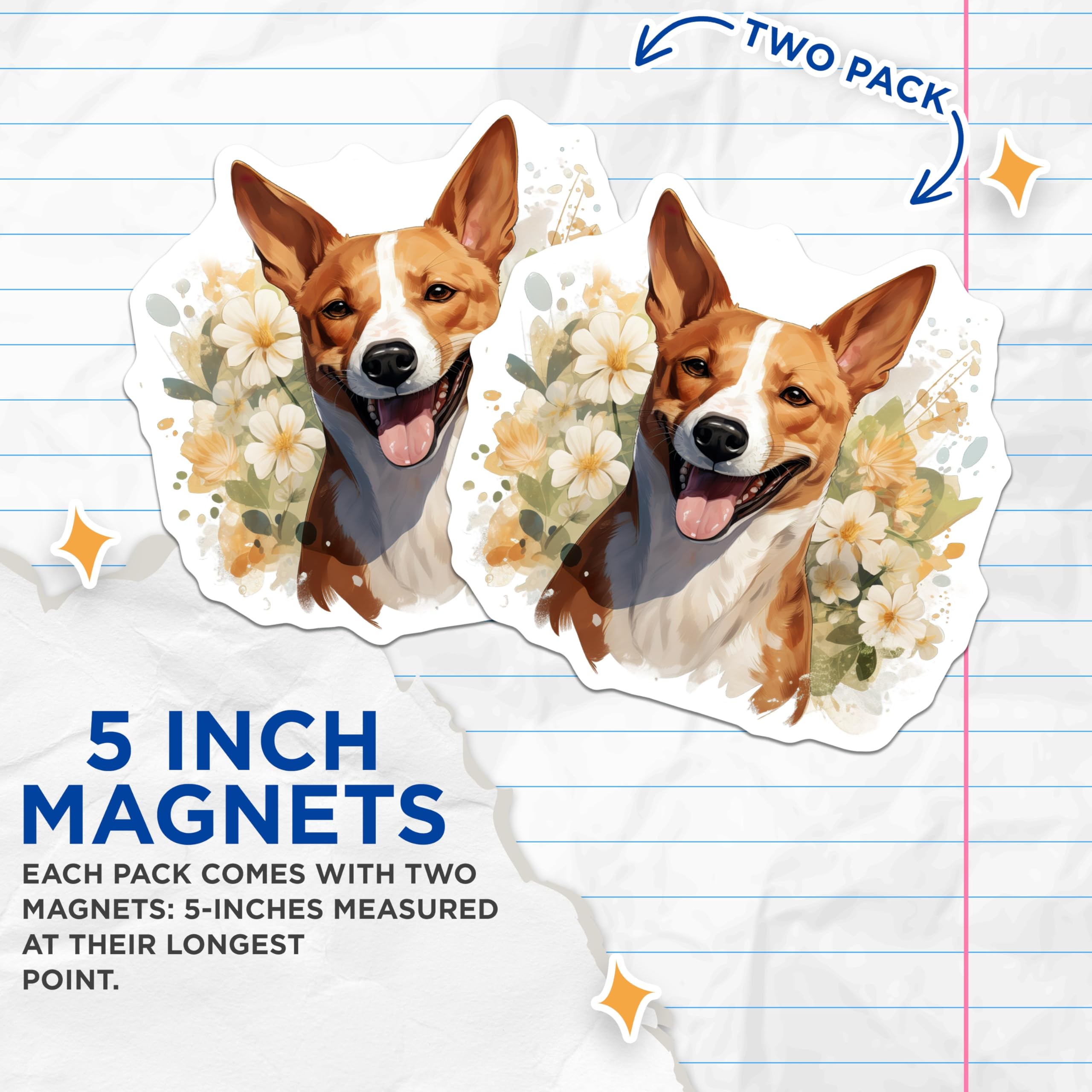 (2 Pack) Happy Basenji Magnets - Watercolor Dog Art - Cheerful Pet Decor - 5 Inches On Longest Side - Thick Durable Magnet - Made in USA - MAG27169