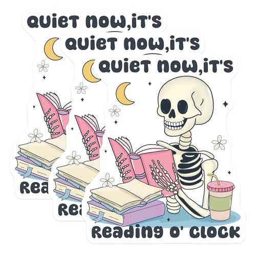 (3 Pack) Reading Skeleton Decals - Book Lover - Quiet Now Its Reading o Clock- 3 Inches On Longest Side - Easy Peel & Apply - Made in USA - 3MCS5992