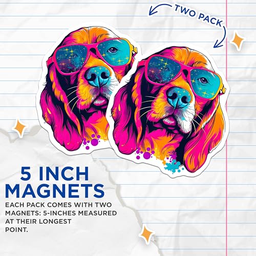 (2 Pack) Cool Dog Magnets - Funky Art Magnets - Bright Dog Magnets for Fridge - 5" On Longest Side - for Cars, Fridges, Toolboxes - Made in USA - MAG7239