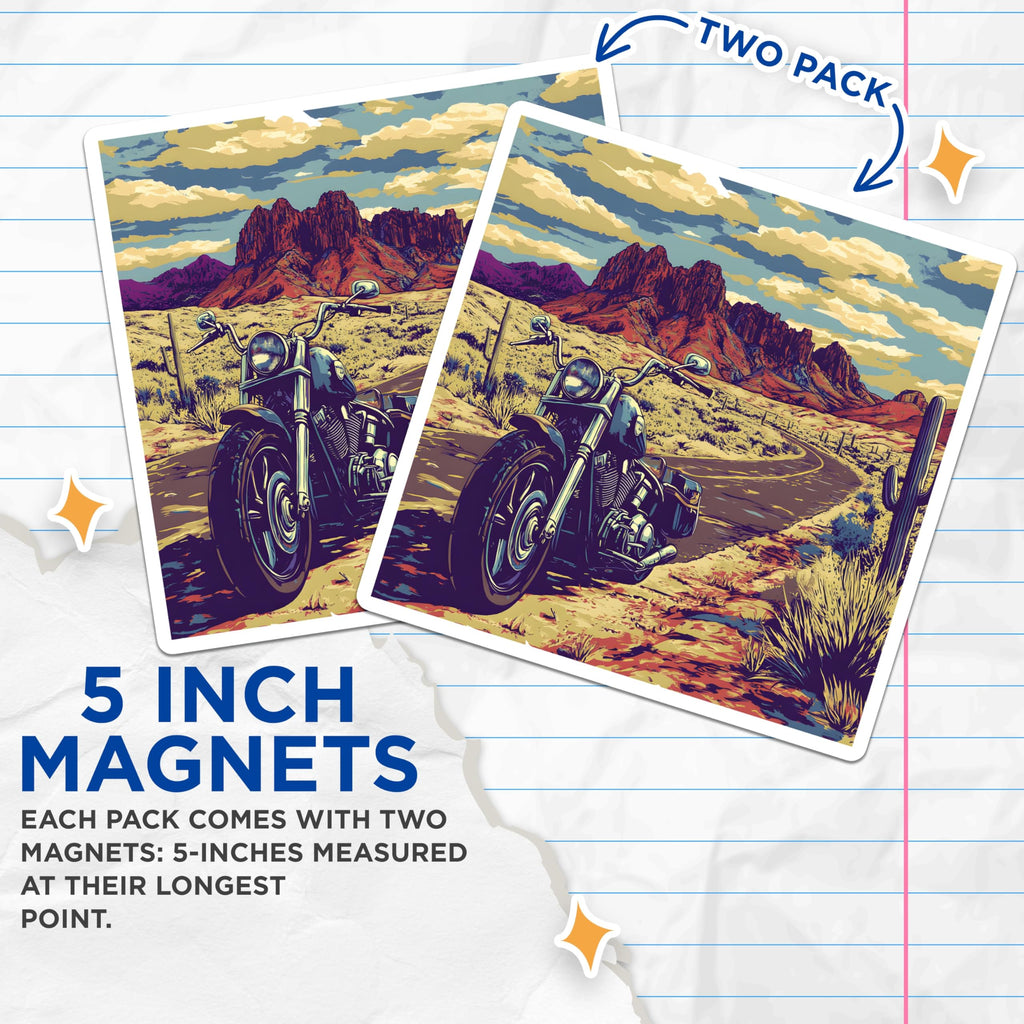 (2 Pack) Motorcycle Desert Road Magnets - Southwest Adventure Art - Biker Landscape Decor - 5 Inches On Longest Side - Thick Durable Magnet - Made in USA - MAG19050