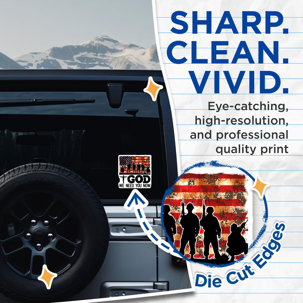 (2 Pack) Patriotic Military Soldier Stickers - God We Need You Now - American Flag Decal for Car Laptop - 5" On Longest Side - Sticks to Smooth Flat Surfaces - Made in USA - BMCS5613