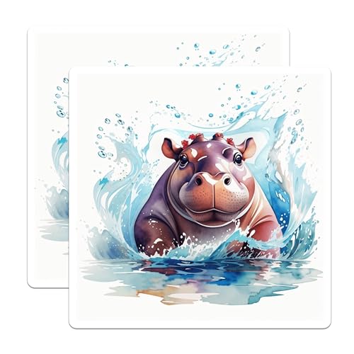 (2 Pack) Hippopotamus Splash Stickers - Cute Water Art - Fun Animal Illustration - 5" On Longest Side - Sticks to Smooth Flat Surfaces - Made in USA - BMCS8702