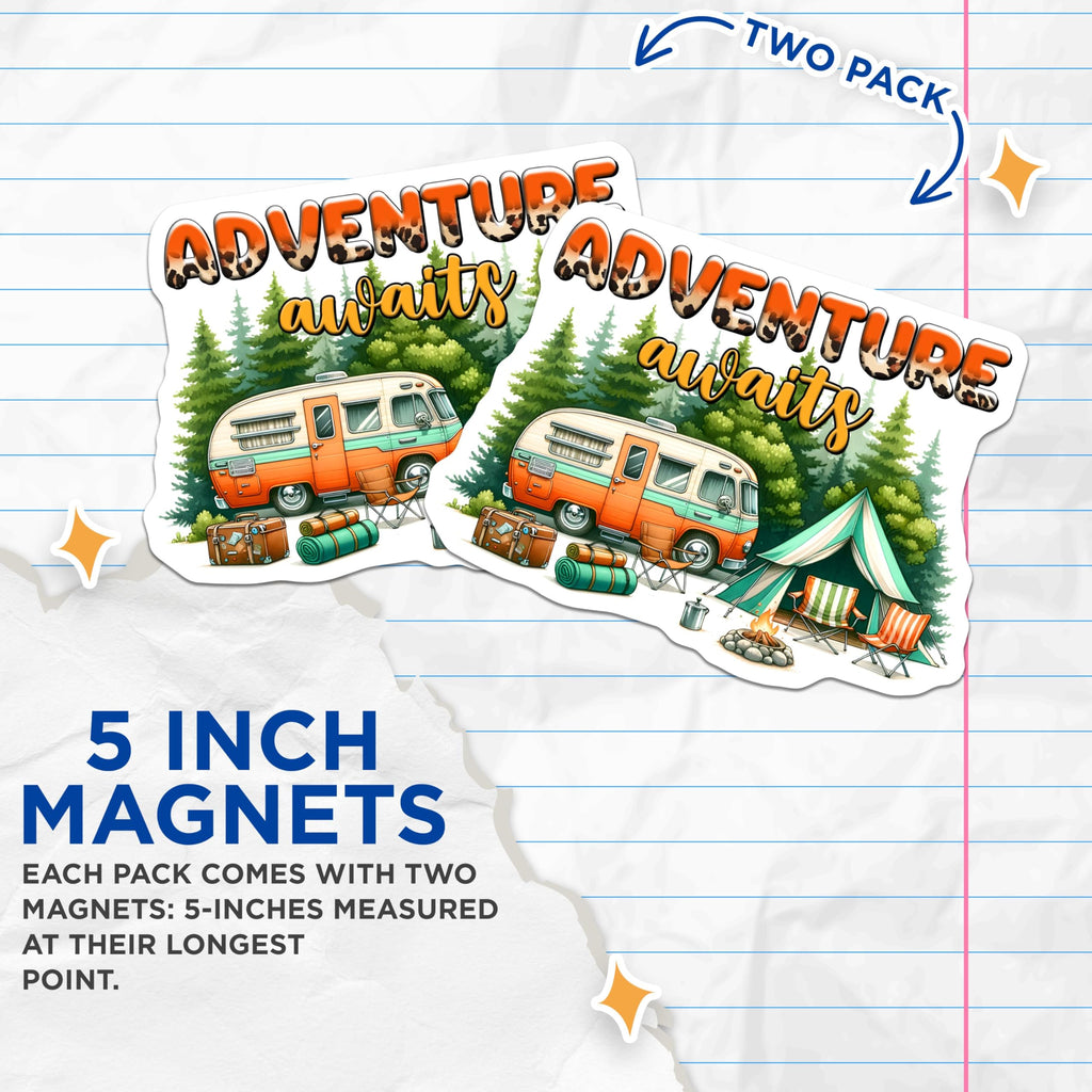 (2 Pack) Adventure Awaits Magnets - Camper Van Magnets - Camping Scene Magnets - 5" On Longest Side - for Cars, Refrigerators, Toolboxes, Lockers - Made in USA BMCS3272