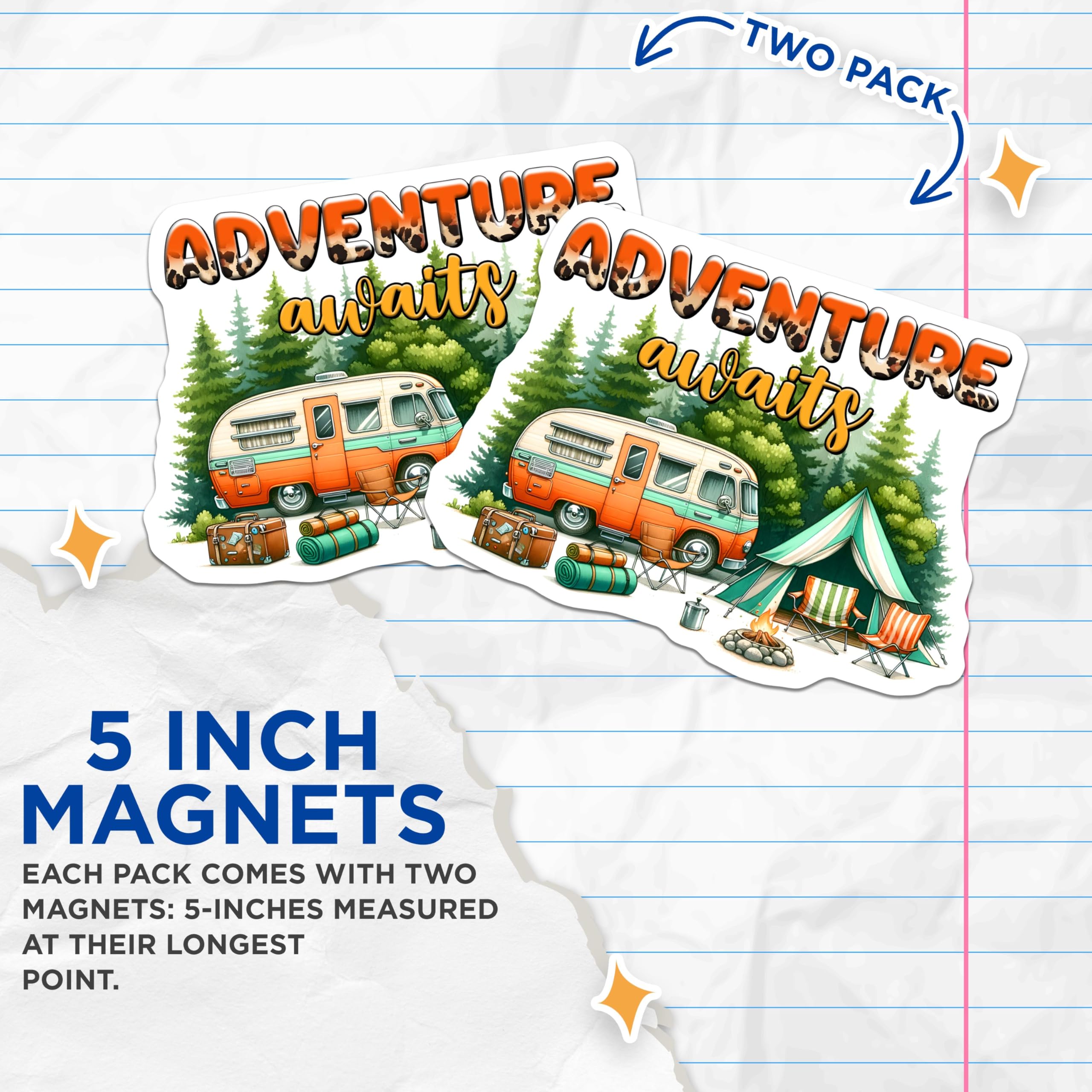 (2 Pack) Adventure Awaits Magnets - Camper Van Magnets - Camping Scene Magnets - 5" On Longest Side - for Cars, Refrigerators, Toolboxes, Lockers - Made in USA BMCS3272