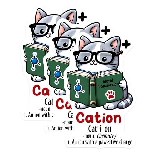 (3 Pack) Cation Cat Decals - Chemistry Pun Stickers - Funny Cat Scientist Laptop Decal - 3 Inches On Longest Side - Easy Peel & Apply - Made in USA - 3MCS6791