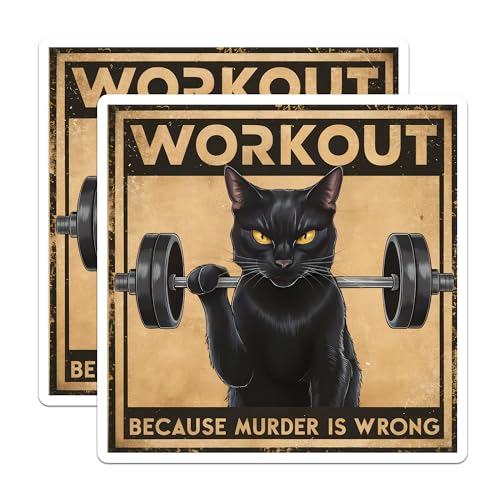 (2 Pack) Cat Workout Stickers - Humorous Cat Gym - Funny Exercise Decal - 5" On Longest Side - Sticks to Smooth Flat Surfaces - Made in USA - BMCS6028
