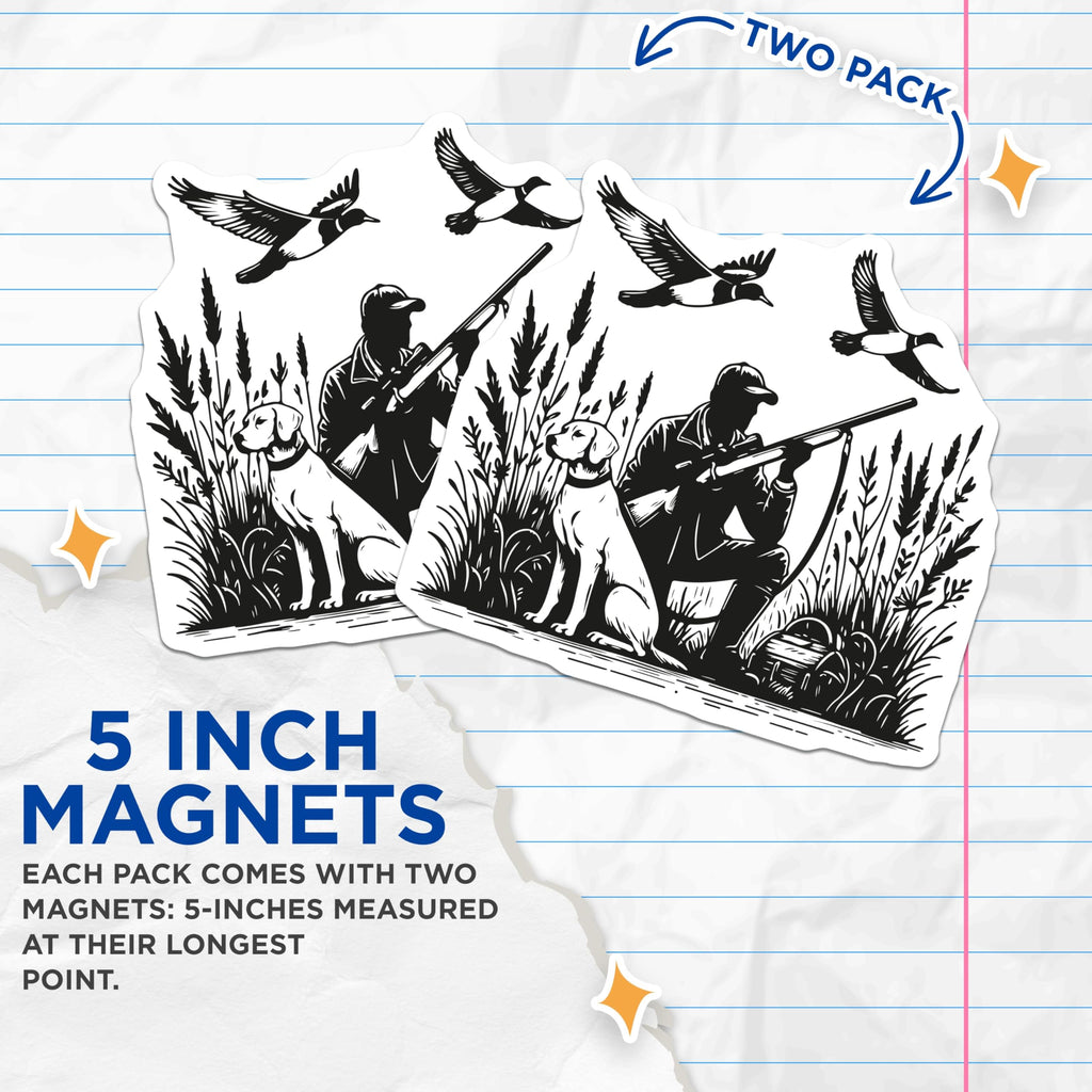 (2 Pack) Duck Hunting Magnets - Hunter Retriever Dog Silhouette - Flying Waterfowl Sportsman Scene Refrigerator Magnet Set - 5 Inches On Longest Side - Thick Durable Magnet - Made in USA - MAG20840