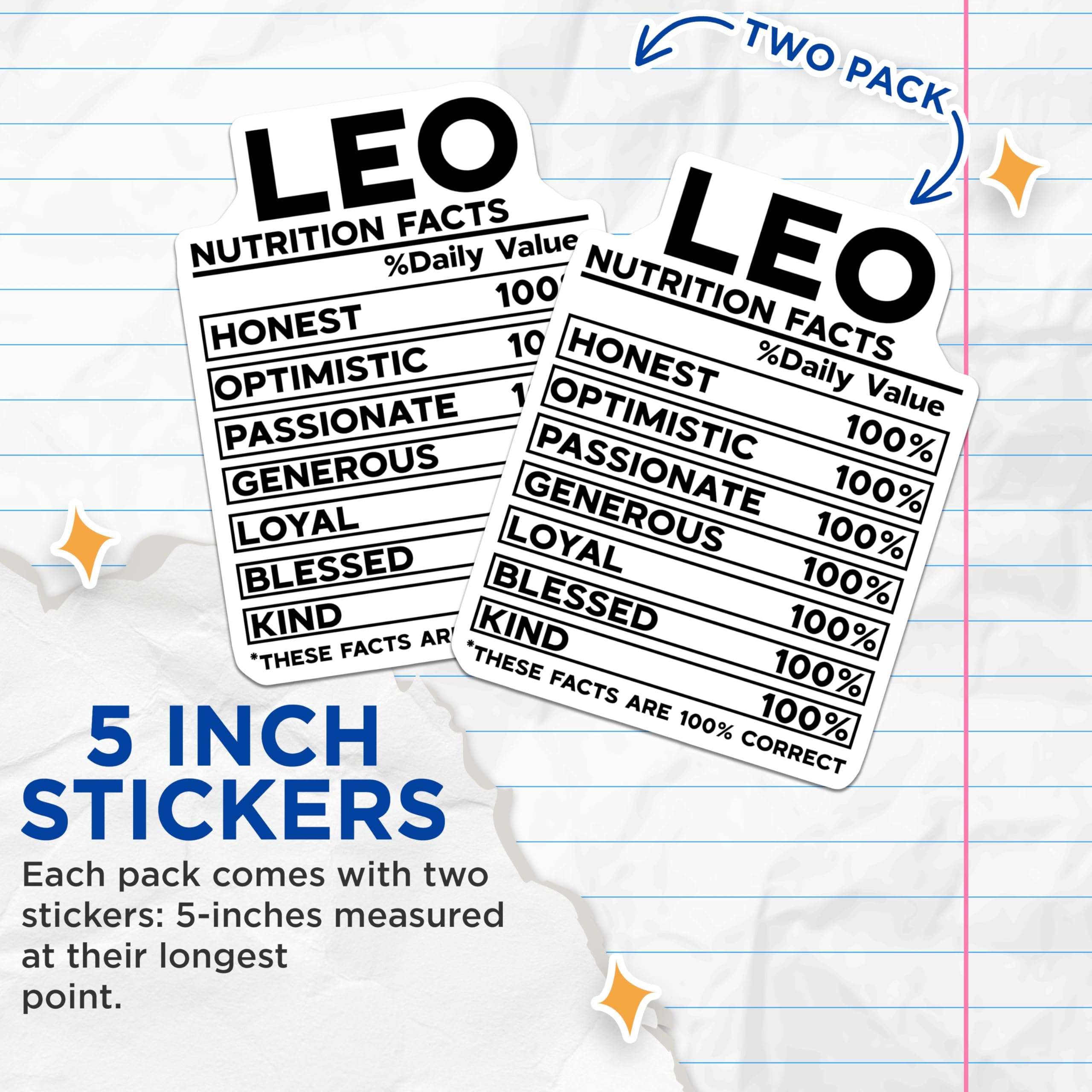 (2 Pack) Leo Nutrition Facts Stickers - Zodiac Sign Stickers - Funny Horoscope Stickers - 5" On Longest Side - Sticks to Smooth Flat Surfaces - Made in USA - BMCS5137