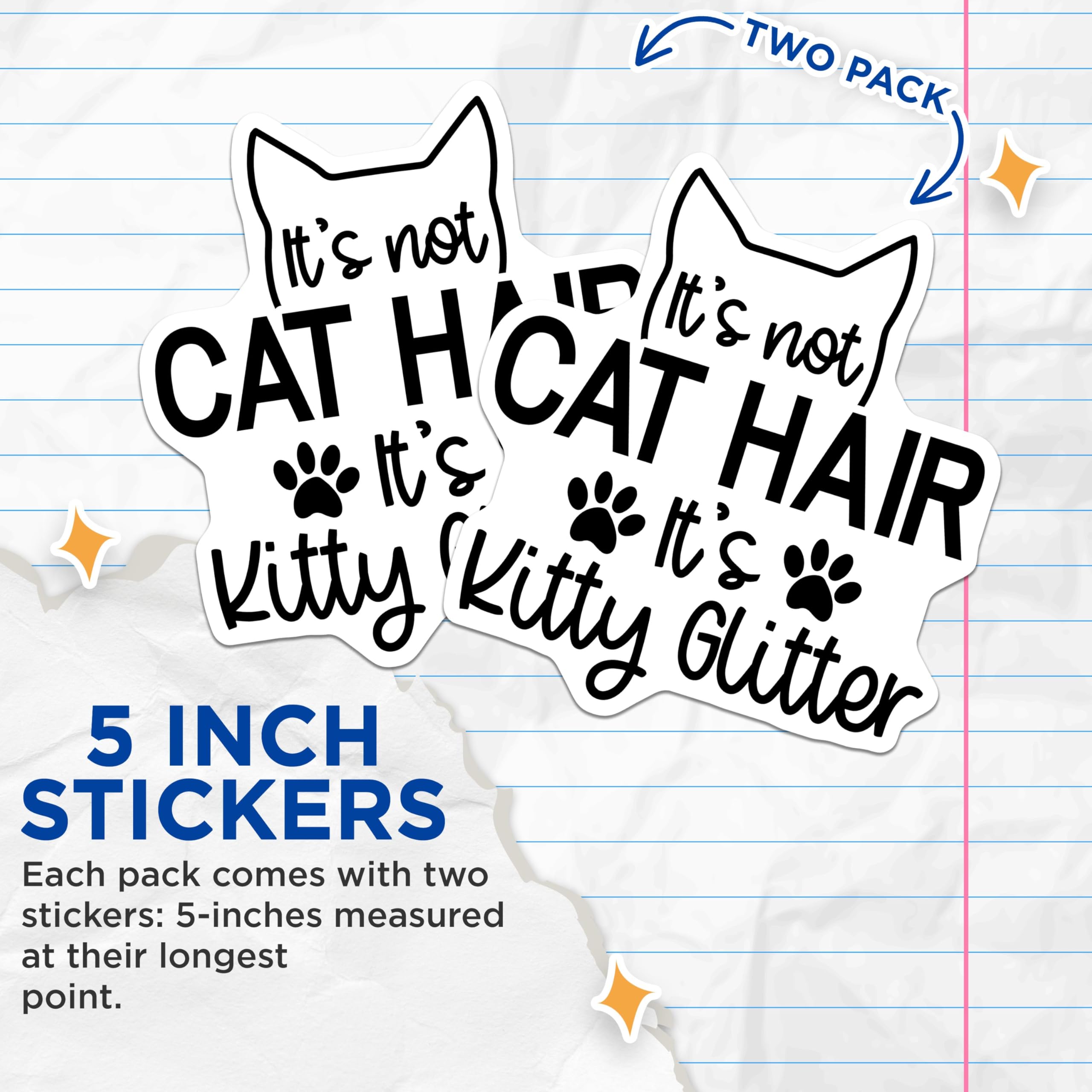 (2 Pack) Cat Hair Stickers - Funny Pet Stickers - Kitty Glitter Decals - 5" On Longest Side - Sticks to Smooth Flat Surfaces - Made in USA - BMCS4112