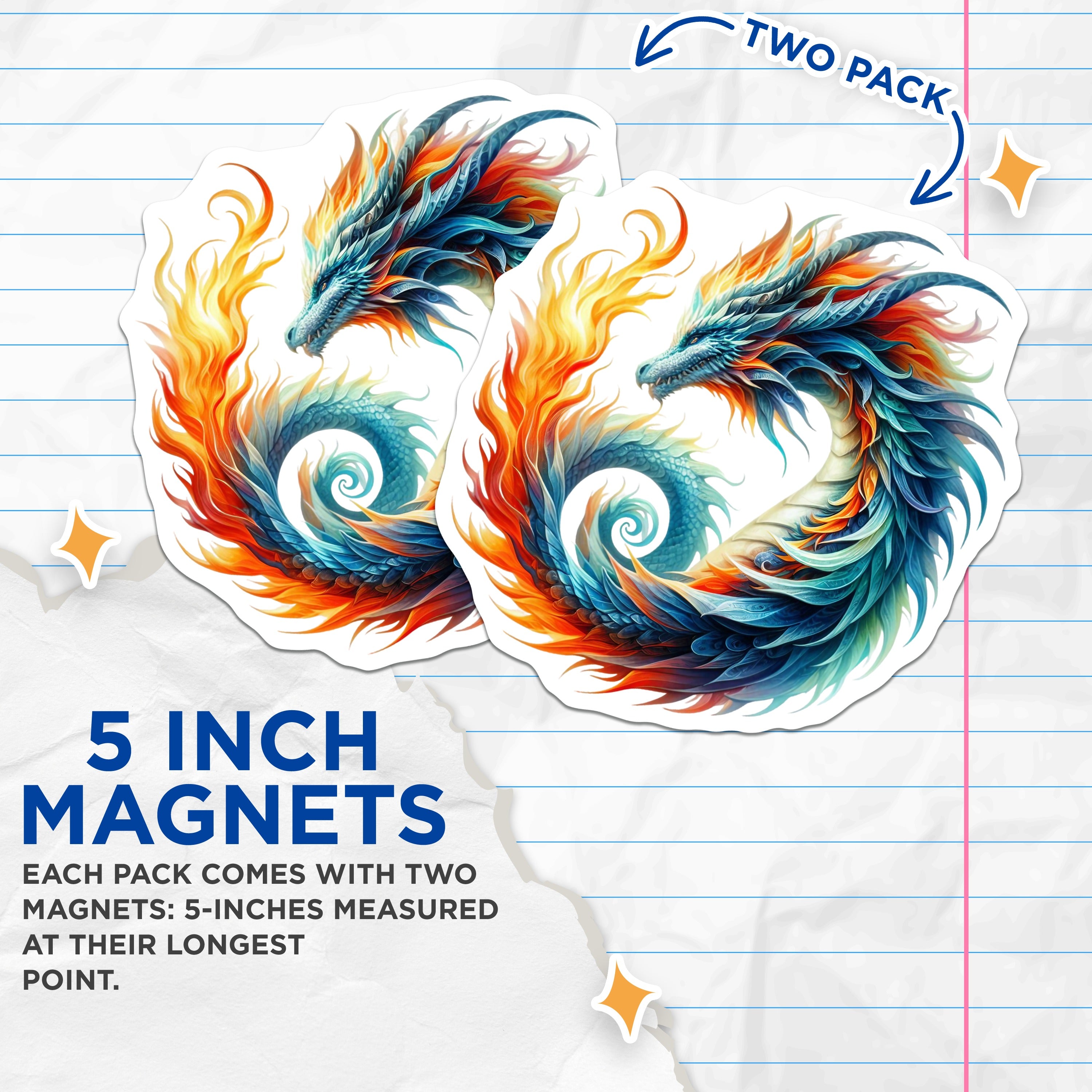 (2 Pack) Vibrant Elemental Dragon Magnets - Mythical Fantasy Creature Art - D&D Gamer Aesthetic Decor - 5 Inches On Longest Side - Thick Durable Magnet - Made in USA - MAG39879