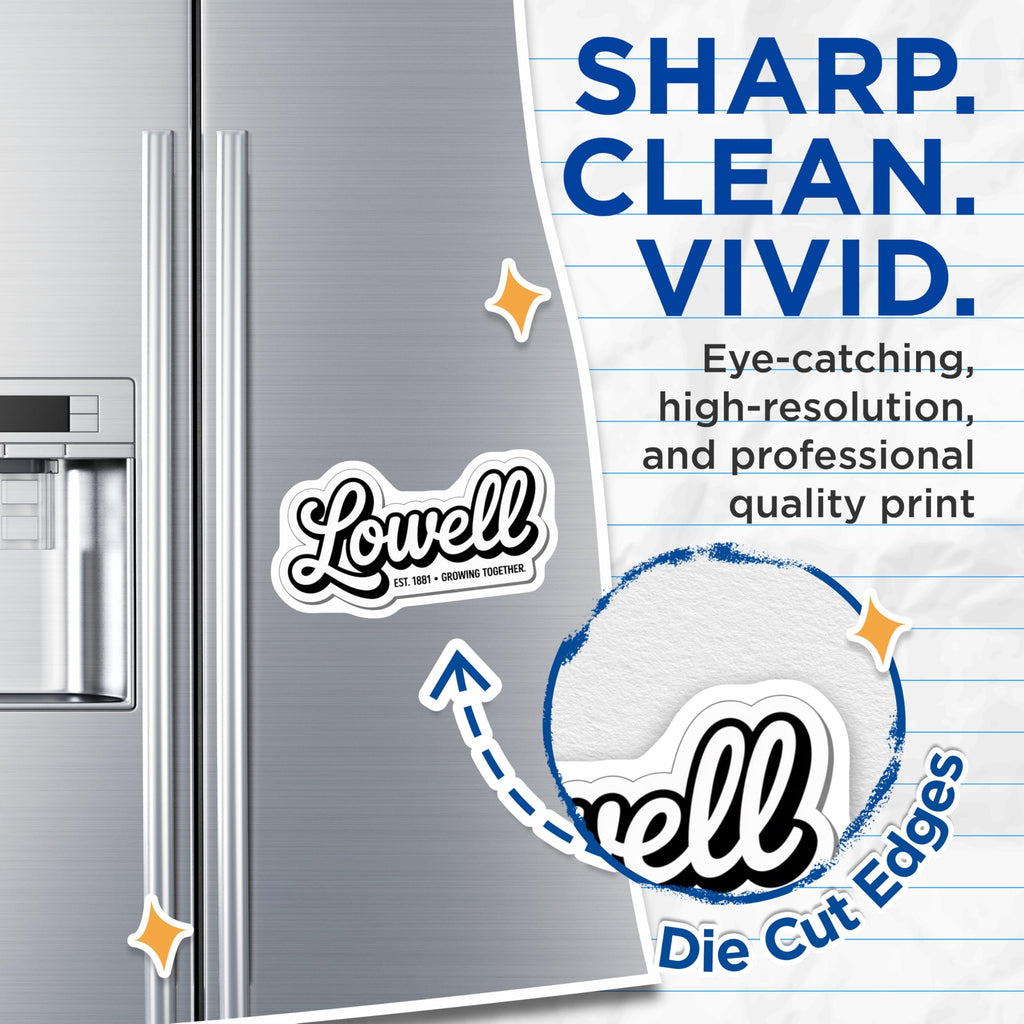 (2 Pack) Lowell EST 1881 Magnets - Growing Together Motto - City Logo - Local Area Souvenir - Refrigerator Decor - 5 Inches On Longest Side - Thick Durable Magnet - Made in USA - MAG19103