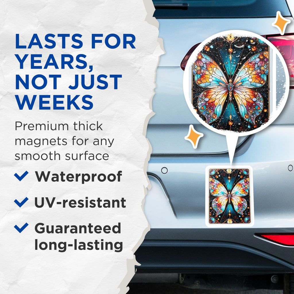(2 Pack) Stained Glass Butterfly Magnets - Vibrant Cosmic Insect Art - Colorful Fridge Locker Decor - 5 Inches On Longest Side - Thick Durable Magnet - Made in USA - MAG20306