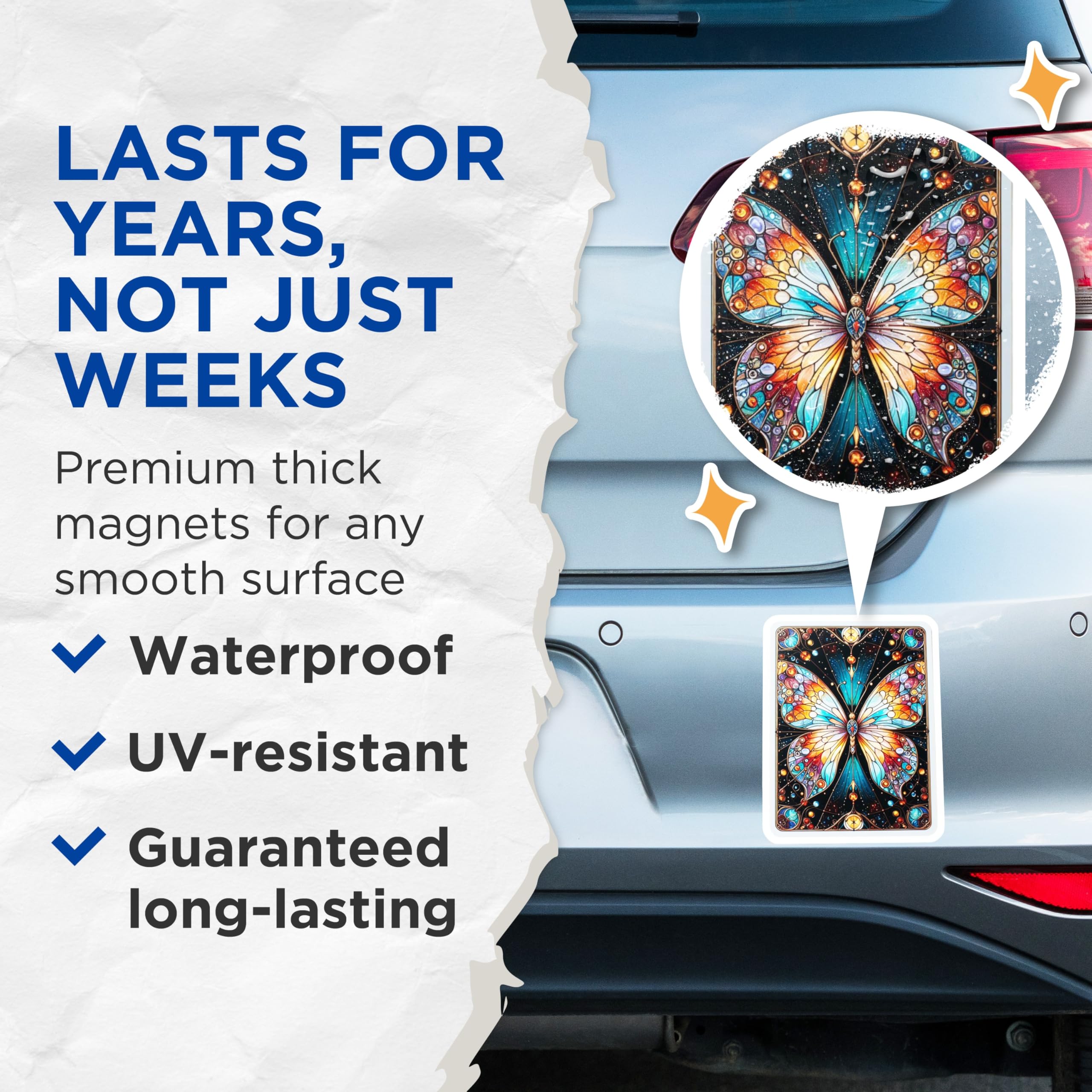 (2 Pack) Stained Glass Butterfly Magnets - Vibrant Cosmic Insect Art - Colorful Fridge Locker Decor - 5 Inches On Longest Side - Thick Durable Magnet - Made in USA - MAG20306