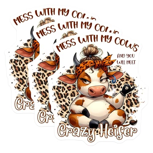 (3 Pack) Funny Cow Decals - Crazy Heifer - Farm Animal Laptop Decal - 3 Inches On Longest Side - Easy Peel & Apply - Made in USA - 3MCS2550