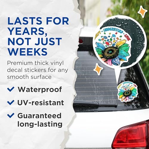 (2 Pack) Sunflower Autism Awareness Stickers - Colorful Acceptance Stickers - Understand Love Stickers - 5" On Longest Side - Sticks to Any Smooth Flat Surface - Made in USA - BMCS3348