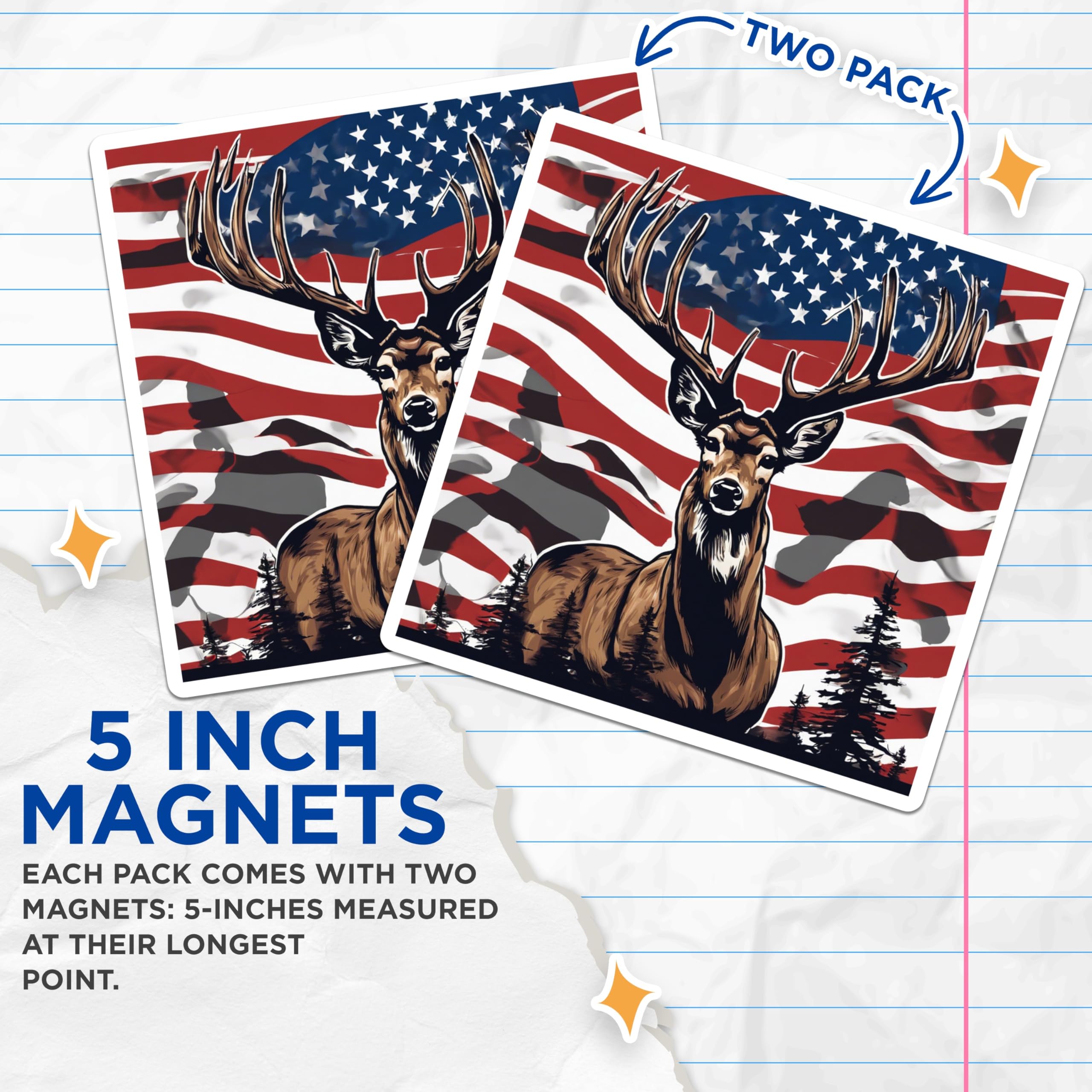 (2 Pack) American Flag Deer Magnets - Patriotic Hunting Design - Wildlife Enthusiast Decor - 5 Inches On Longest Side - Thick Durable Magnet - Made in USA - MAG19654
