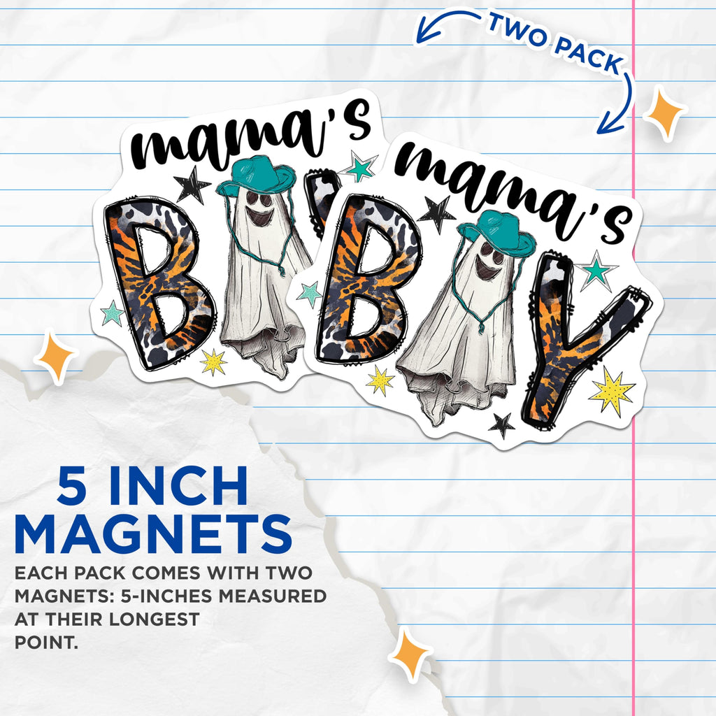 (2 Pack) Mama's Boy Ghost Magnets - Western Halloween - Southern Mom Decor - 5 Inches On Longest Side - Thick Durable Magnet - Made in USA - MAG30005