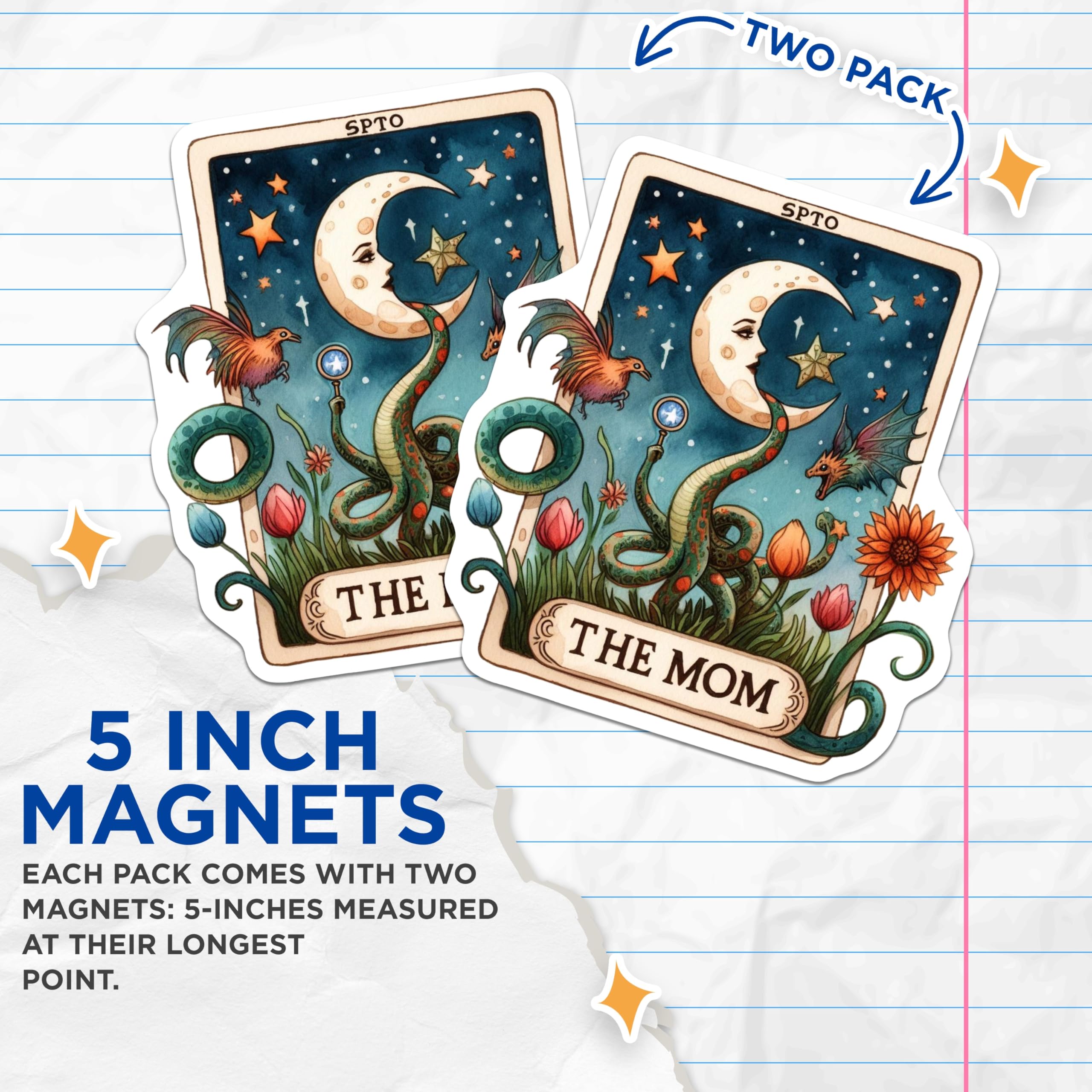 (2 Pack) Tarot Card Mom Magnets - Mystical Moon Snake Dragon Art - Unique Mother Figure Decor - 5 Inches On Longest Side - Thick Durable Magnet - Made in USA - MAG22000