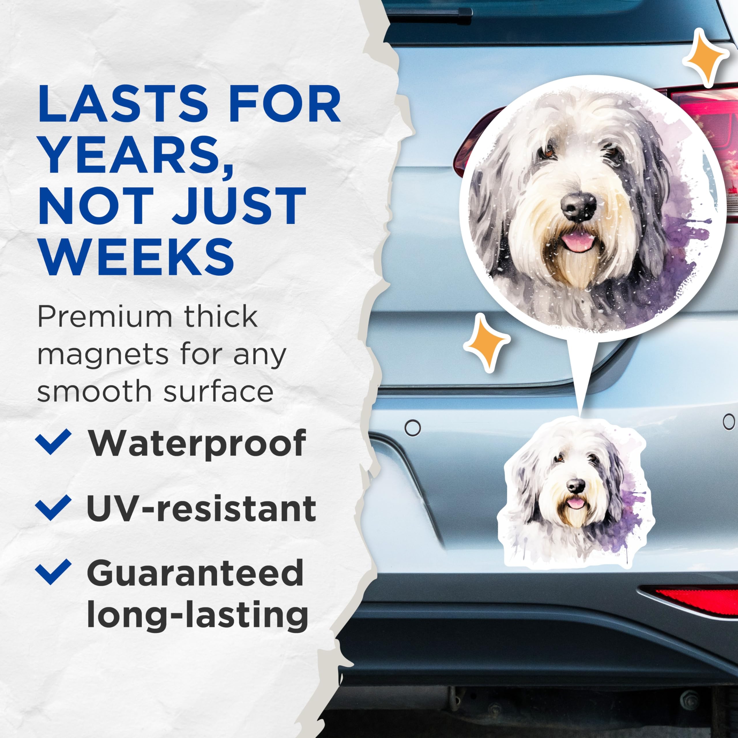 (2 Pack) Watercolor Dog Magnets - Old English Sheepdog Art - Pet Lover Fridge Decor - 5 Inches On Longest Side - Thick Durable Magnet - Made in USA - MAG26018