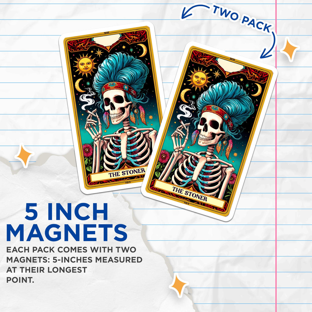 (2 Pack) Stoner Tarot Card Magnets - 420 Skeleton Decor - Bohemian Stoner Art - 5 Inches On Longest Side - Thick Durable Magnet - Made in USA - MAG28874