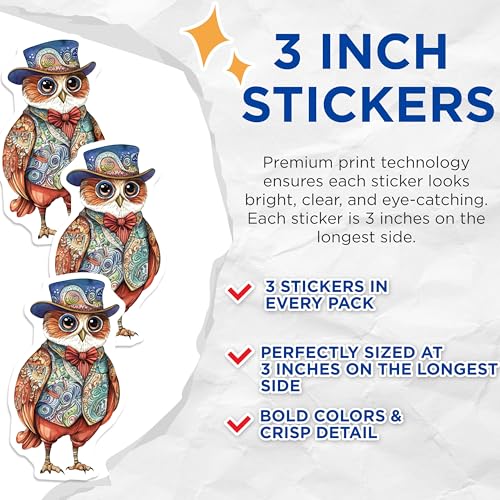 (3 Pack) Owl Decals - Dapper Owl Stickers - Top Hat Animal Decals - 3 Inches On Longest Side - Easy Peel & Apply - Made in USA - 3MCS8278