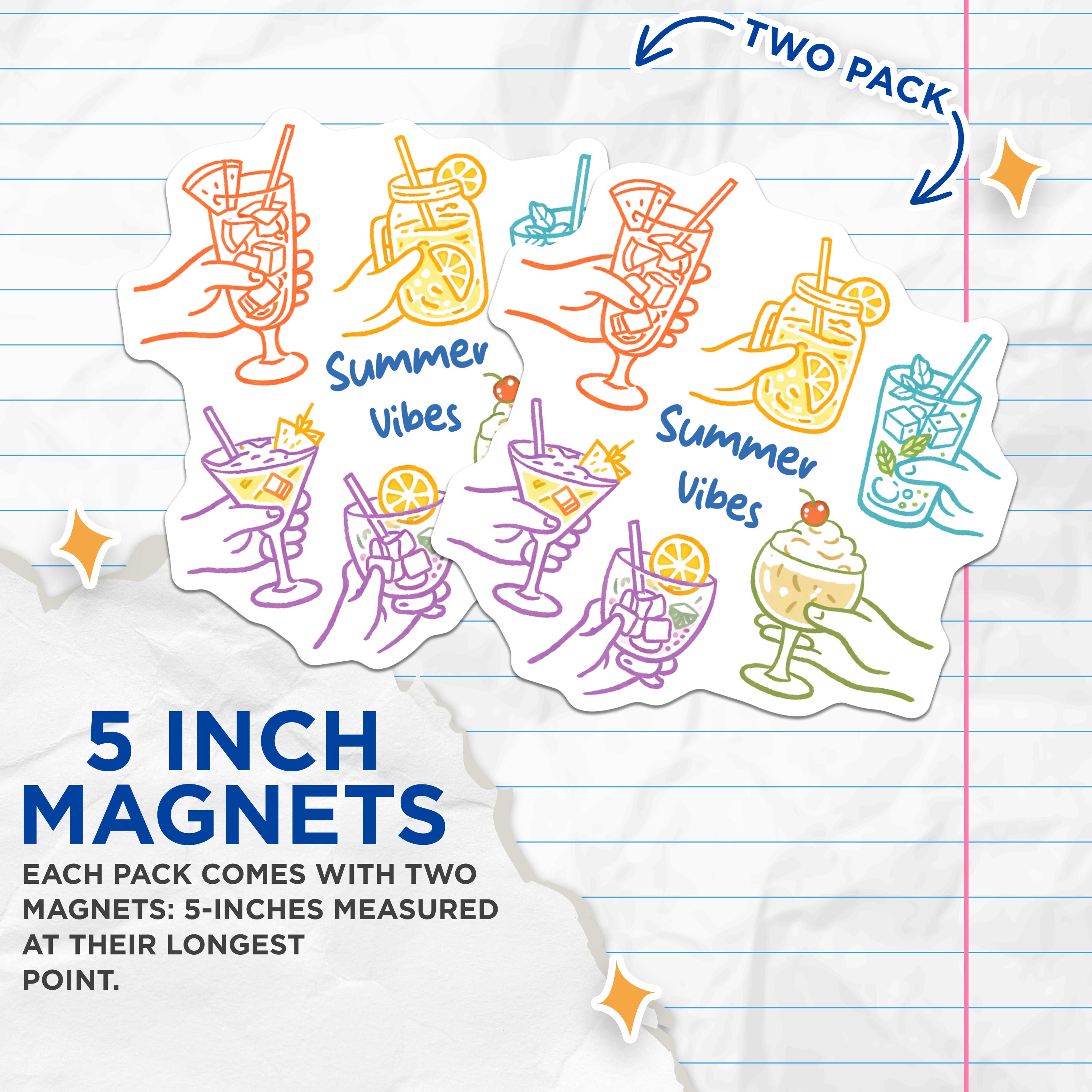 (2 Pack) Summer Drinks Magnets - Tropical Cocktail Art - Beach House Decor - 5 Inches On Longest Side - Thick Durable Magnet - Made in USA - MAG36740