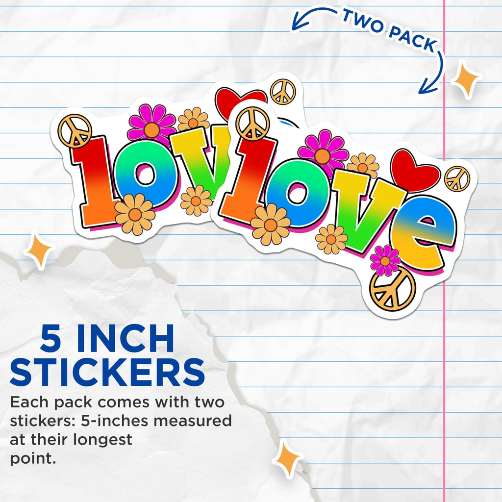 (2 Pack) Love Stickers - Retro Peace Sign - Floral Flower Power- 5" On Longest Side - Sticks to Smooth Flat Surfaces - Made in USA - BMCS16265
