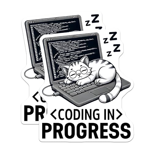 (2 Pack) Coding Cat Stickers - Developer Life - Programmer Humor - Coding in Progress - Computer Science - 5" On Longest Side - Sticks to Smooth Flat Surfaces - Made in USA - BMCS7423