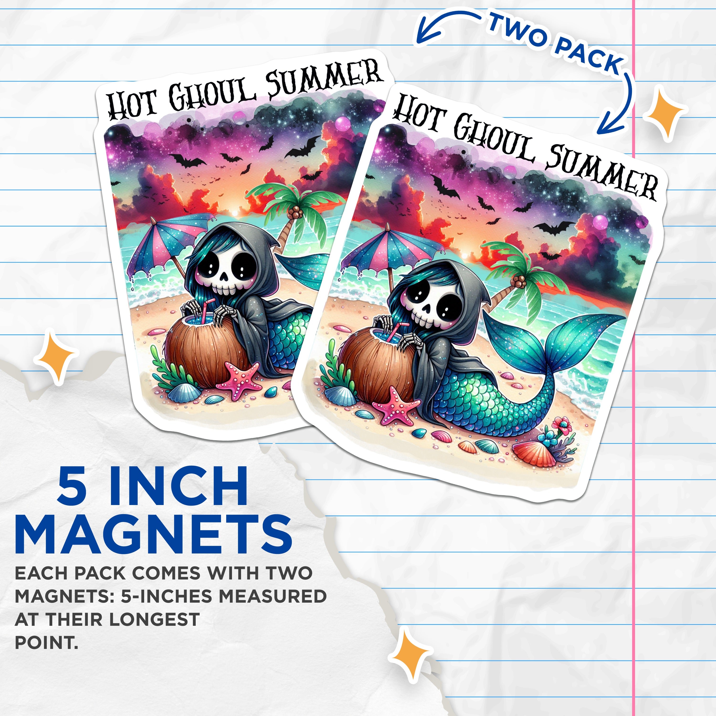(2 Pack) Hot Ghoul Summer Magnets - Spooky Cute Mermaid Skeleton - Pastel Goth Halloween Beach Decor - 5 Inches On Longest Side - Thick Durable Magnet - Made in USA - MAG38247