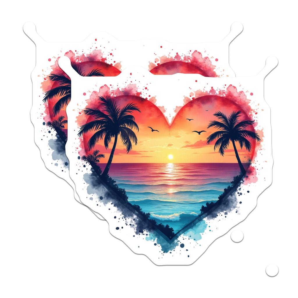 (2 Pack) Tropical Sunset Magnets - Heart Beach Art Scene - Vibrant Ocean Palm Tree Decor - Aesthetic Summer Vacation Vibes - 5 Inches On Longest Side - Thick Durable Magnet - Made in USA - MAG23454