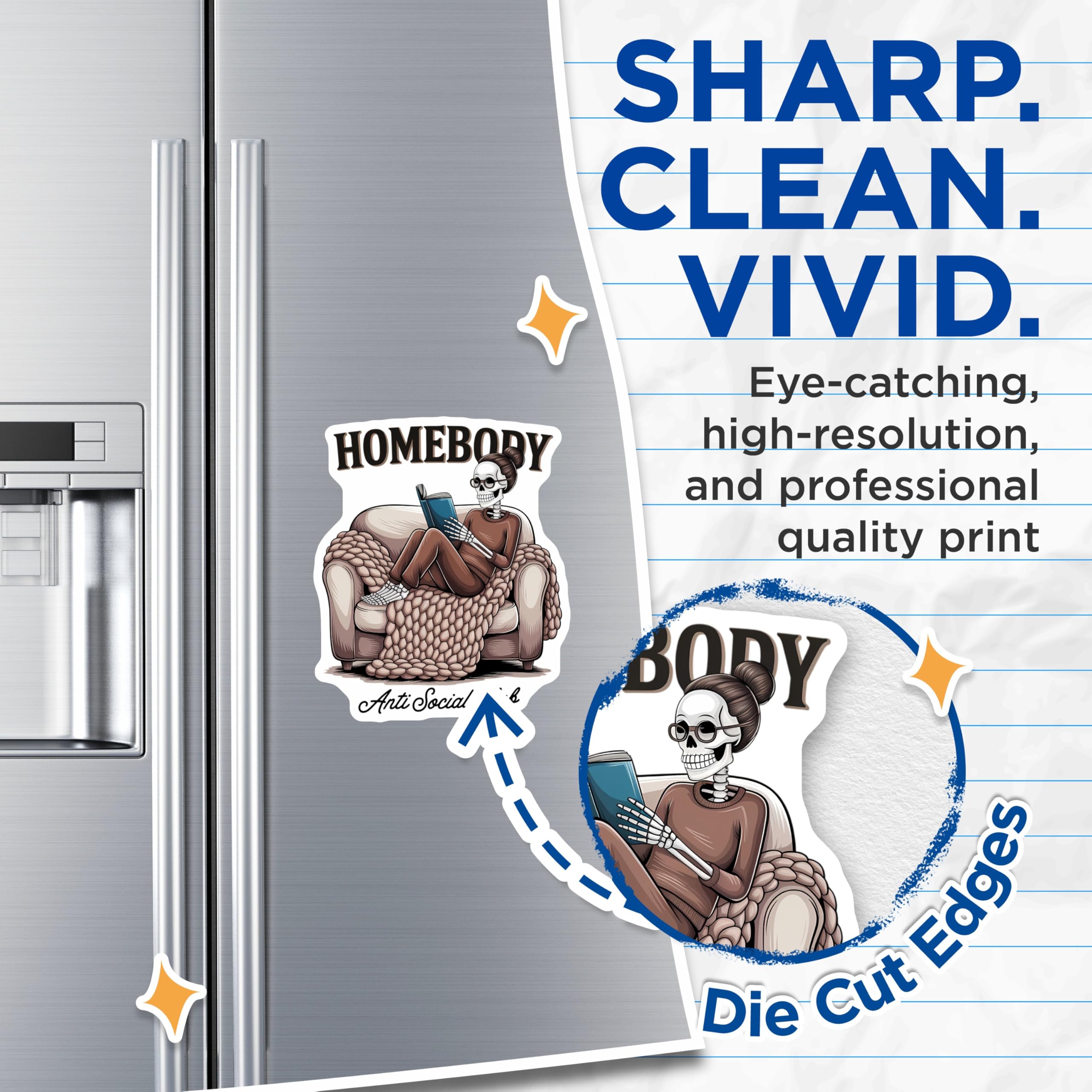 (2 Pack) Homebody Skeleton Magnets - Anti Social Club Decor - Reading Skeleton Coziness - 5 Inches On Longest Side - Thick Durable Magnet - Made in USA - MAG21470