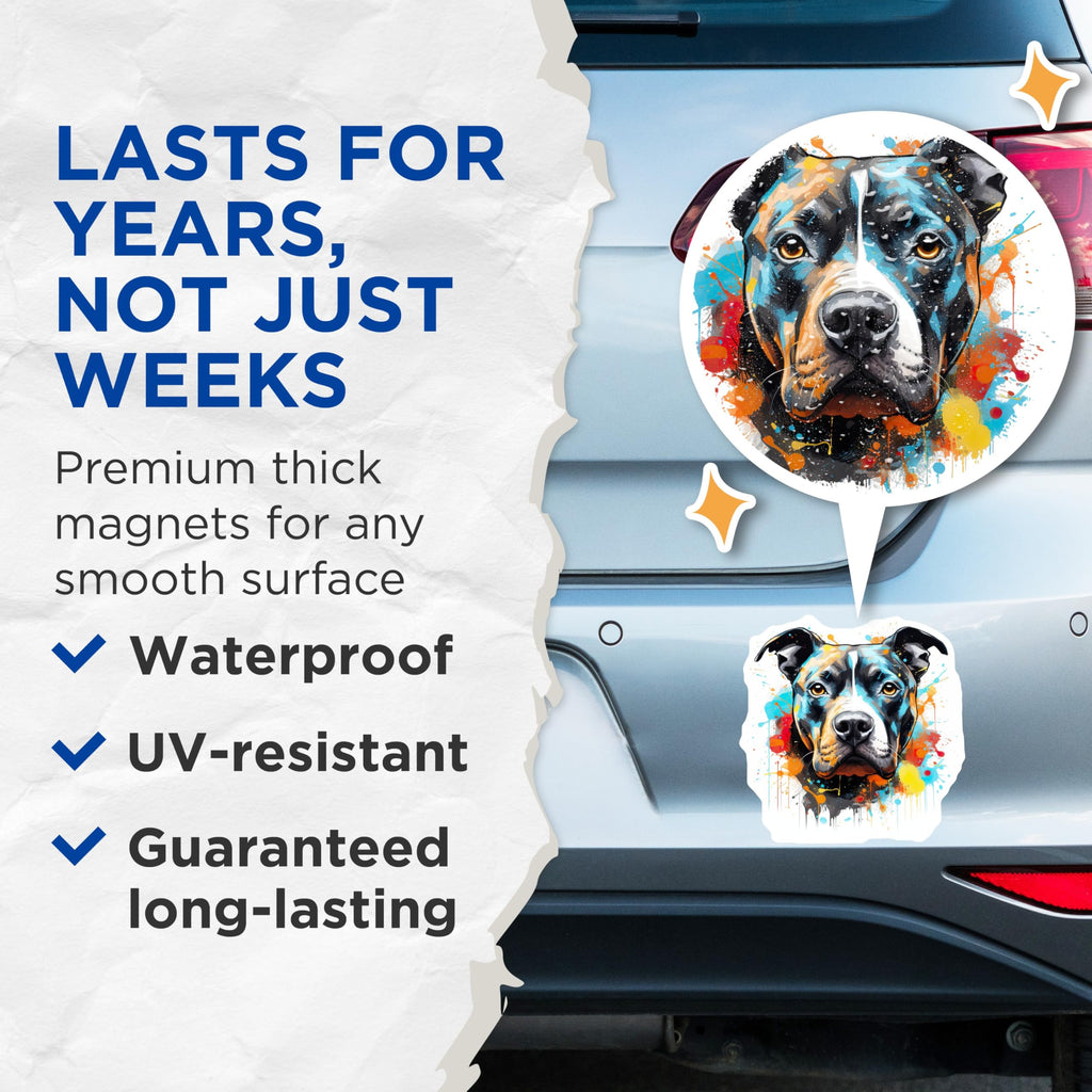 (2 Pack) Artistic Pitbull Dog Magnets - Vibrant Splatter Paint - Pet Lover Fridge Locker Decor - 5 Inches On Longest Side - Thick Durable Magnet - Made in USA - MAG25569