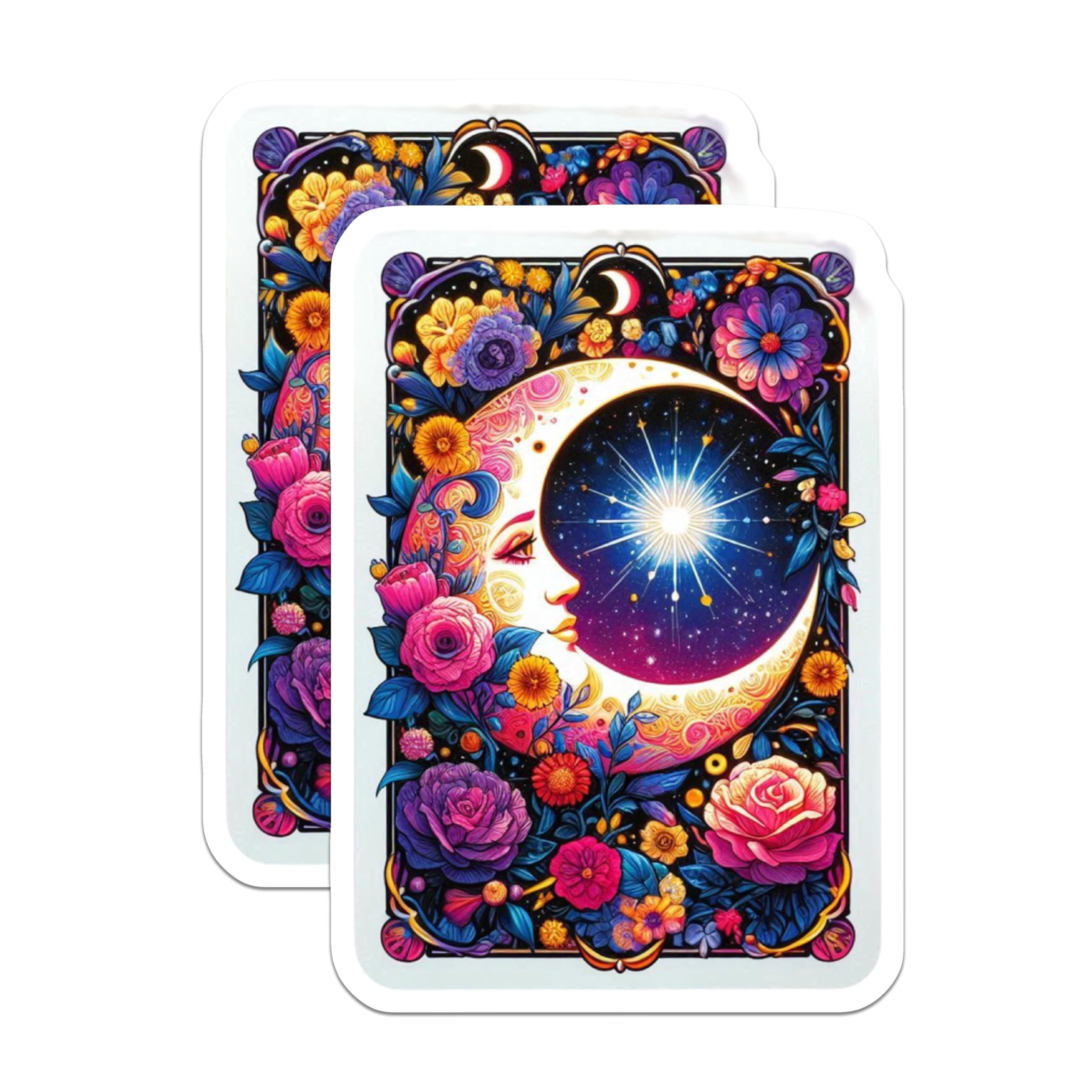 (2 Pack) Enchanting Moon Face Magnets - Vibrant Psychedelic Floral Art - Celestial Bohemian Kitchen Fridge Magnets - 5 Inches On Longest Side - Thick Durable Magnet - Made in USA - MAG20232