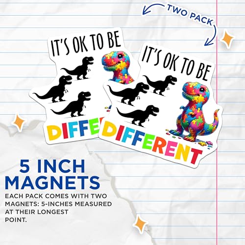 (2 Pack) It's OK to Be Different Magnets - Dinosaur Puzzle Piece - Motivational Message for Kids - 5" On Longest Side - for Cars, Refrigerators, Lockers - Made in USA BMCS3213
