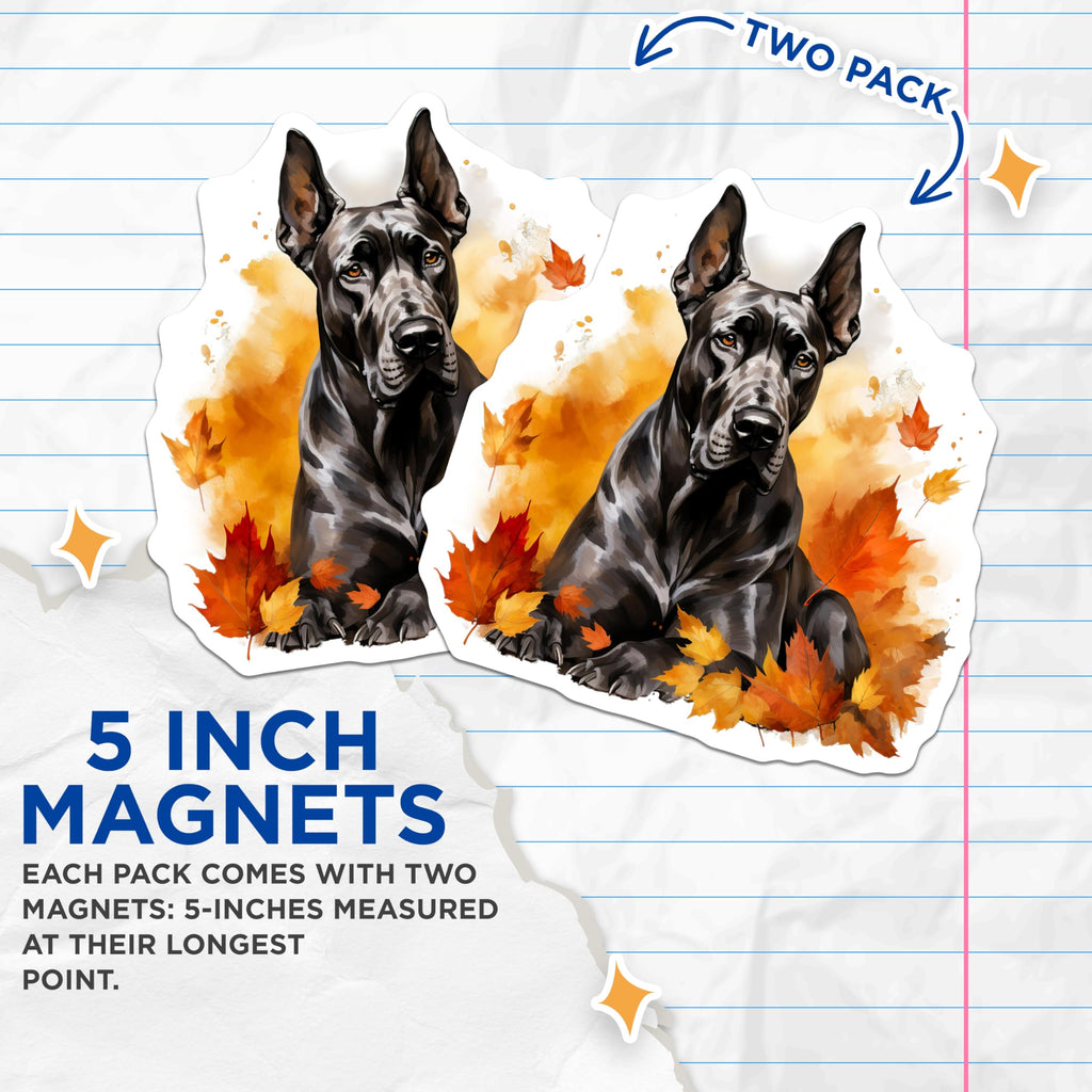 (2 Pack) Black Great Dane Magnets - Autumn Fall Leaves Decor - Dog Mom Pet Parent Item - 5 Inches On Longest Side - Thick Durable Magnet - Made in USA - MAG26578