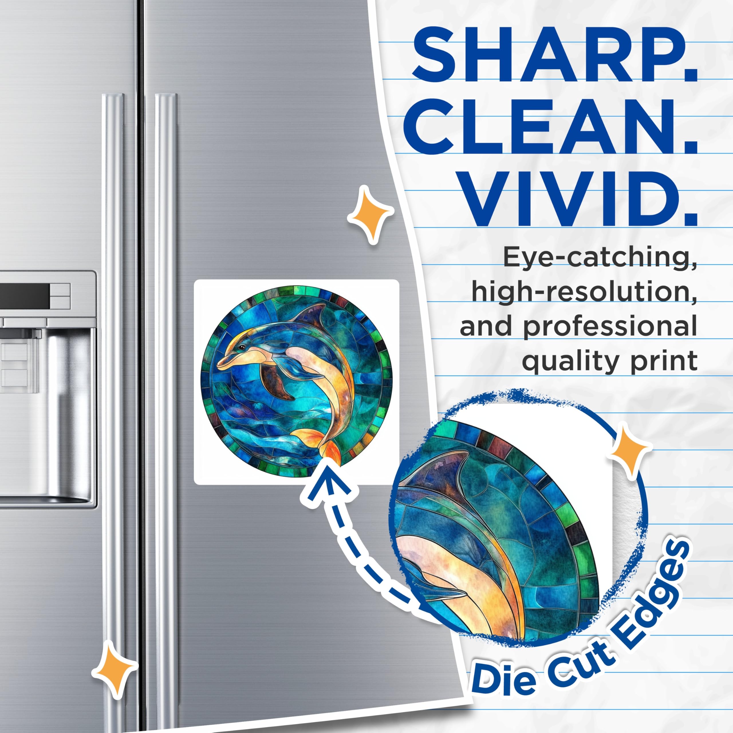 (2 Pack) Stained Glass Dolphin Magnets - Ocean Animal Decor - Marine Life Fridge Art - 5 Inches On Longest Side - Thick Durable Magnet - Made in USA - MAG30554