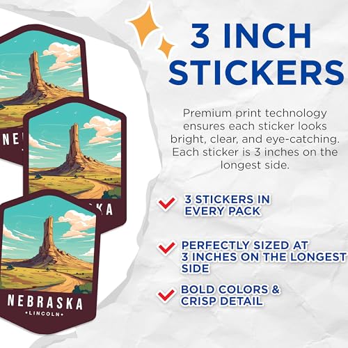 (3 Pack) Nebraska Decals - Lincoln Nebraska - Travel Decals - 3 Inches On Longest Side - Easy Peel & Apply - Made in USA - 3MCS0368