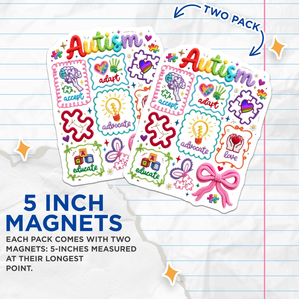 (2 Pack) Autism Awareness Magnets - Neurodiversity Puzzle Piece - Accept Adapt Advocate Love Decor - 5 Inches On Longest Side - Thick Durable Magnet - Made in USA - MAG21819