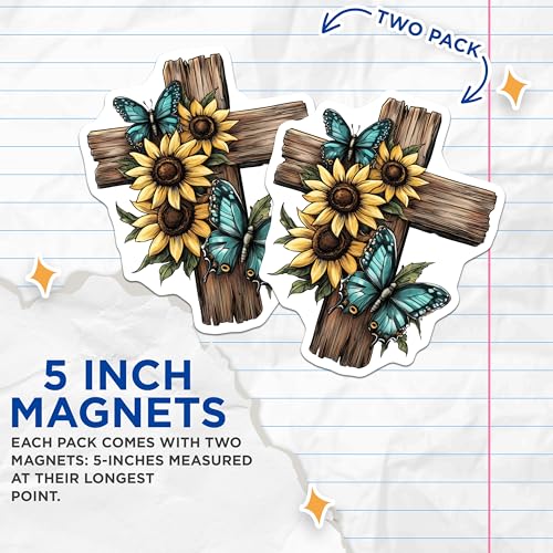 (2 Pack) Butterfly Sunflower Magnets Magnets - Rustic Cross - Nature Inspired Fridge Decor - 5" On Longest Side - Made in USA - Sticks to Refrigerators & Metal Surfaces - MAG8735