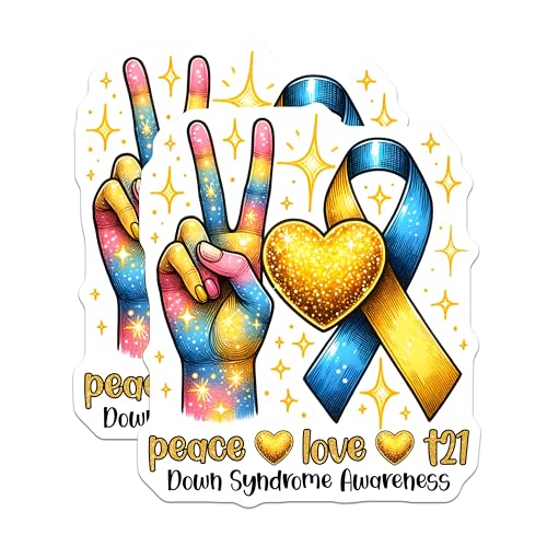 (2 Pack) Down Syndrome Awareness Stickers - Peace Love T21 - Advocacy Decals - Diverse Love - 5" On Longest Side - Sticks to Smooth Flat Surfaces - Made in USA - BMCS8198