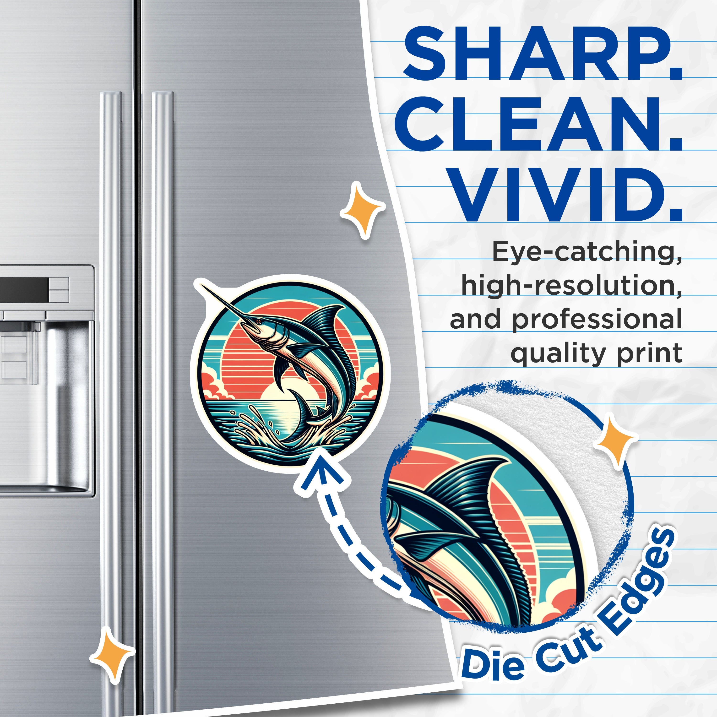 (2 Pack) Marlin Fishing Magnets - Deep Sea Angler Art - Retro Ocean Decor for Dad - 5 Inches On Longest Side - Thick Durable Magnet - Made in USA - MAG37481