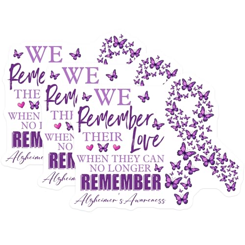 (3 Pack) Alzheimer's Awareness Decals - Purple Butterfly Decal - Remember Their Love Decals - 3 Inches On Longest Side - Easy Peel & Apply - Made in USA - 3MCS8552