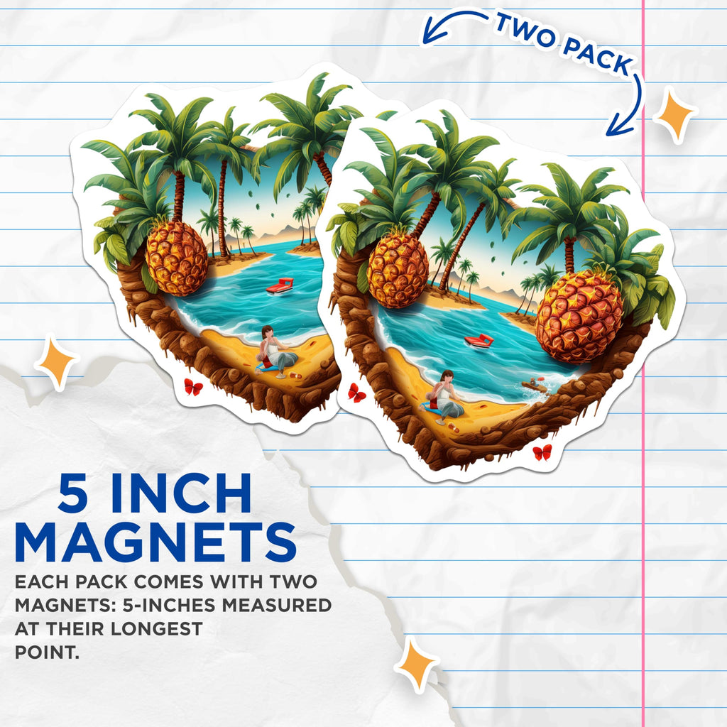 (2 Pack) Tropical Paradise Magnets - Island Beach Vacation - Summer Pineapple Art - Refrigerator Locker Decor - 5 Inches On Longest Side - Thick Durable Magnet - Made in USA - MAG20082
