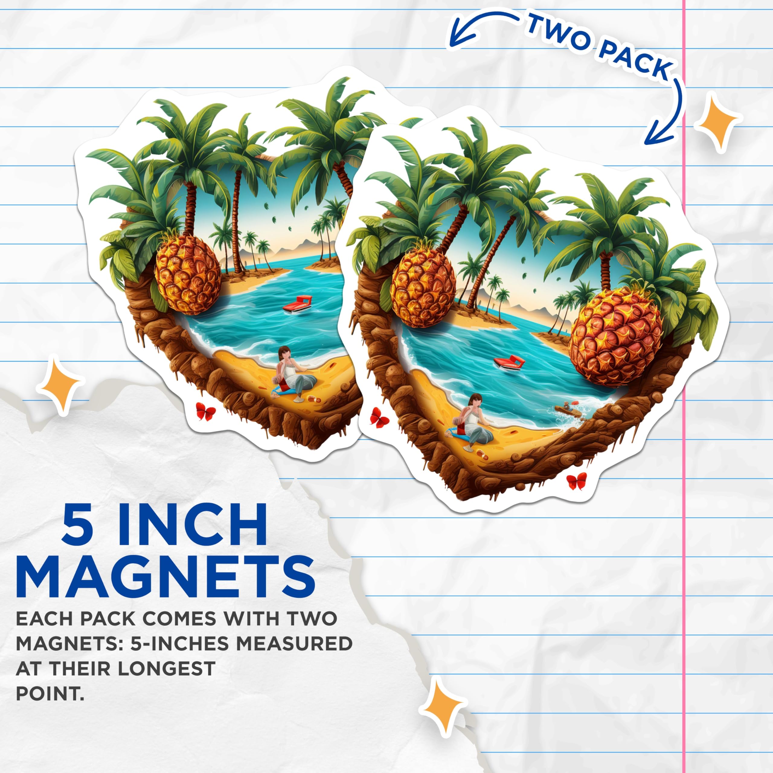 (2 Pack) Tropical Paradise Magnets - Island Beach Vacation - Summer Pineapple Art - Refrigerator Locker Decor - 5 Inches On Longest Side - Thick Durable Magnet - Made in USA - MAG20082