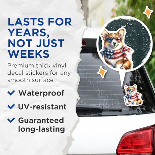 (2 Pack) Corgi Dog in Sunglasses Stickers - Cute Dog Stickers - Red White and Blue Bandana Sticker - 5" On Longest Side - Sticks to Smooth Flat Surfaces - Made in USA - BMCS6511