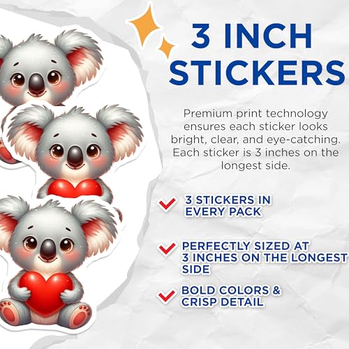 (3 Pack) Koala Love Decals - Cute Koala Bear - Laptop Decals - 3 Inches On Longest Side - Easy Peel & Apply - Made in USA - 3MCS2427